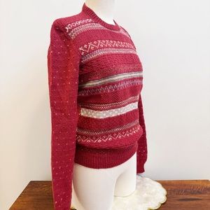 Vintage Red Pure Wool Handknit Crewneck Sweater Cottagecore Fitted S/M Preppy